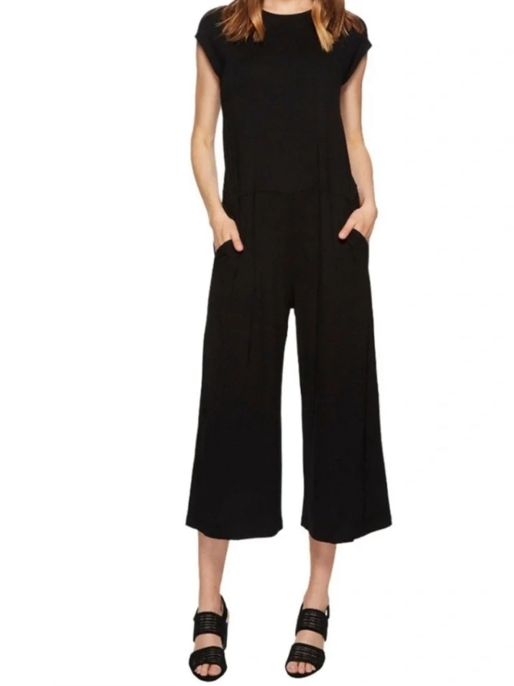 Eileen Fisher Black Lightweight Viscose Jersey Cap Sleeve Wide Leg Jumpsuit XS